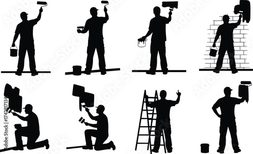 Silhouette of painter working with roller and brush, wall painting, home renovation, maintenance, construction labor, DIY and interior improvement