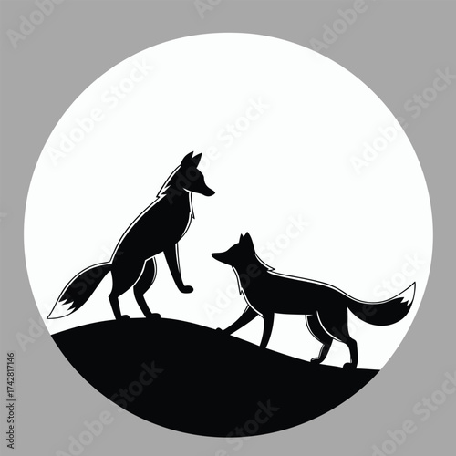 Two black fox silhouettes gracefully stroll on a hill within a white circle
