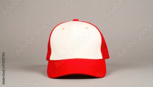 Red  White Baseball Cap Mockup on Gray Background.