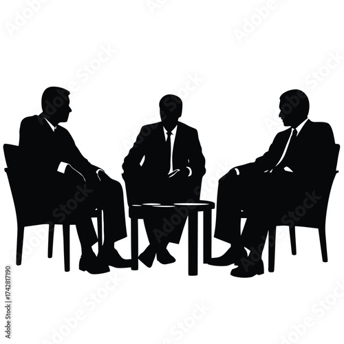 Photos Three businessmen dressed in suits are sitting and negotiating in a professional