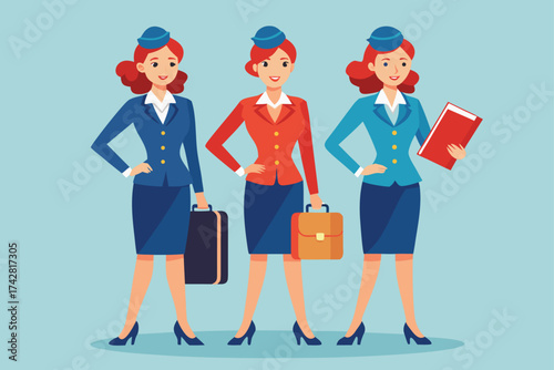 Three red haired stewardesses in uniform strike a confident pose holding their bags and documents