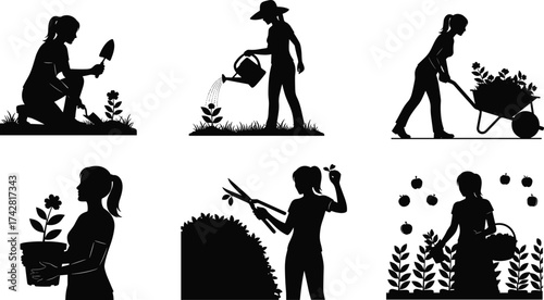 Silhouette of woman gardening, planting flowers, watering plants, harvesting vegetables, pruning bushes, eco lifestyle, nature care, black and white vector illustration