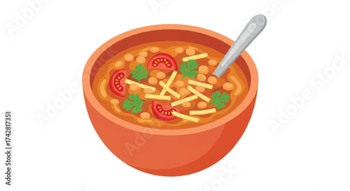 A savory bowl of hearty chickpea and tomato soup with a spoon, garnished with fresh cilantro, depicted in a clean flat vector icon style