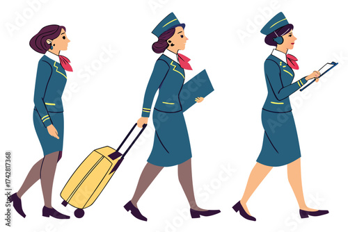 Three flight attendants in uniform walk, one pulling luggage and another holds paperwork