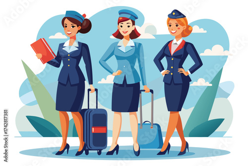 Three air stewardesses of diverse ethnicities stand with their luggage against a light blue backdrop
