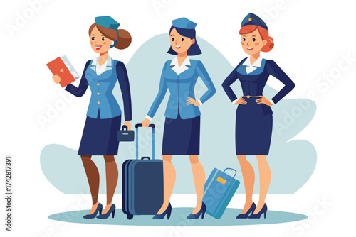Three diverse stewardesses in blue uniform stand with luggage, smiling and ready for flight service