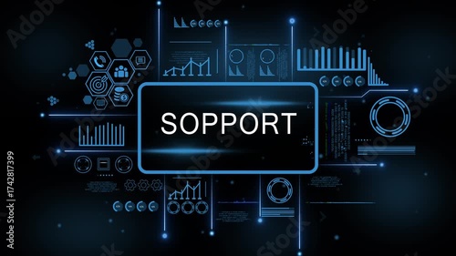 Digital Support interface with data analytics charts graphs and icons for business technology and finance concepts. 4k motion video. isolated on black background.