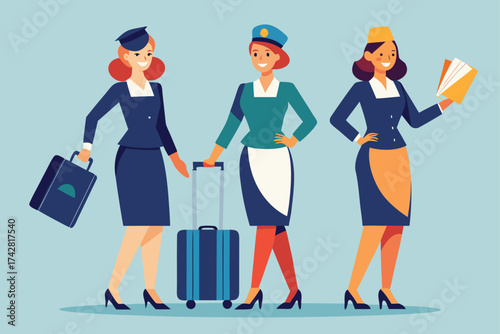 Three confident flight attendants showcase their vibrant uniforms against a solid background, smiling softly