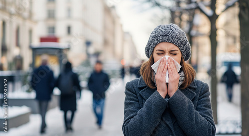 Sick Woman Wearing a Wool Hat Sneezing on a City Street in Winter for healthcare advertisements, online magazines, clinics, cold &flu prevention campaigns, pharmacy posters, wellness product marketing