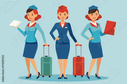 Three air hostesses in uniform pose confidently with their suitcases on a light blue background