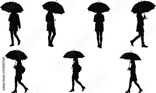 Silhouette of woman walking with umbrella, rainy weather concept, elegant fashion figure, city lifestyle design, shadow art illustration