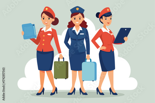 Smiling flight attendants in uniform stand with suitcases and tablet smiling confidently on the runway