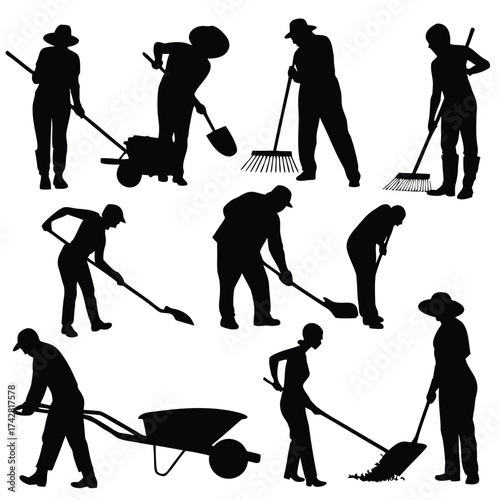 Various individuals work in silhouette, using tools like rakes, shovels, and wheelbarrows