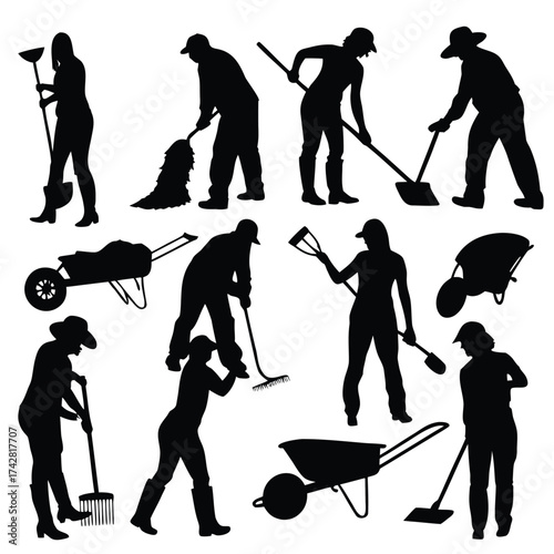 Gardeners silhouettes work using gardening tools like rakes, shovels, and wheelbarrows in this vector