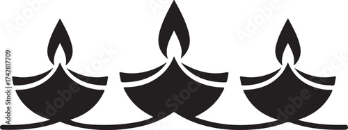 Diya Lamps: Symbol of Enlightenment: A simple yet elegant vector illustration showcasing a row of traditional oil lamps, commonly known as diyas, each flickering with a gentle flame.