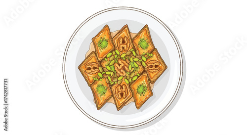 Exquisite Middle Eastern dessert plate featuring delicate diamond-shaped pastries, generously adorned with vibrant green chopped pistachios, a delectable sweet treat