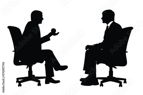 Two businessmen in silhouette sit on chairs, one holding a small sphere