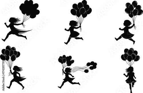 Silhouette of young girls running with balloons, happiness, childhood freedom, playtime fun, joy, celebration, outdoor activity, carefree moments, energy