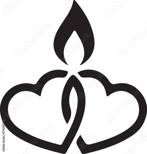 Eternal Flame of Love: A minimalist illustration captures the enduring essence of love, with two interconnected hearts intertwined around a singular flame, symbolizing everlasting passion and unity.