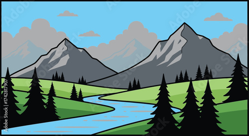 Illustration of mountain landscape with river and evergreen trees editable vector
