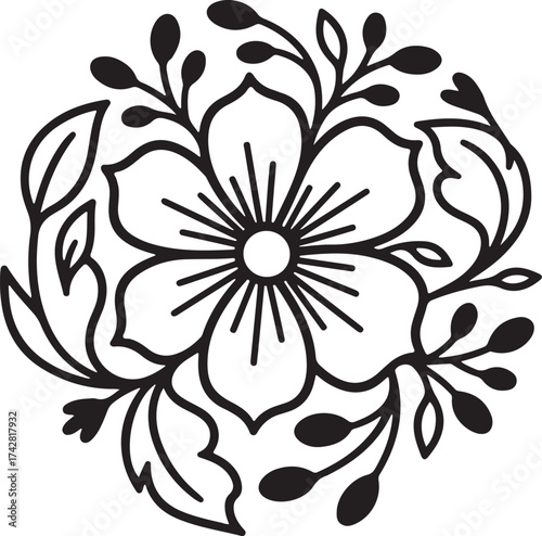 Floral Flourish: An intricately designed floral illustration in a circular arrangement, showcasing delicate petals, leaves, and stems, perfect for adding a touch of elegance.