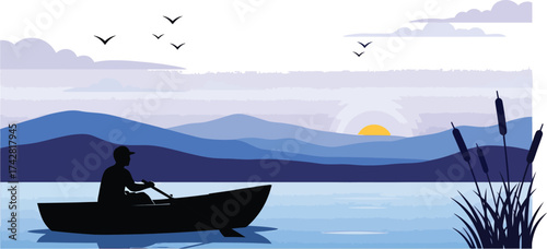 Rowing boat on lake vector illustration nature landscape design editable vector