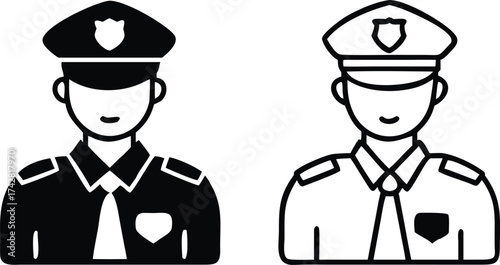 Isolated clip art features two monochrome police officers with hat and tie