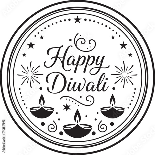 Happy Diwali Stamp: A festive and ornate circular design exuding the joyous essence of Diwali, with the celebratory message elegantly inscribed amidst radiant fireworks and auspicious oil lamps.