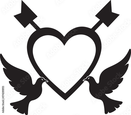 Heartfelt emblem of love and affection: A minimalist emblem, a heart pierced by an arrow, and flanked by two doves in a celebration of love, devotion, and eternal bond.