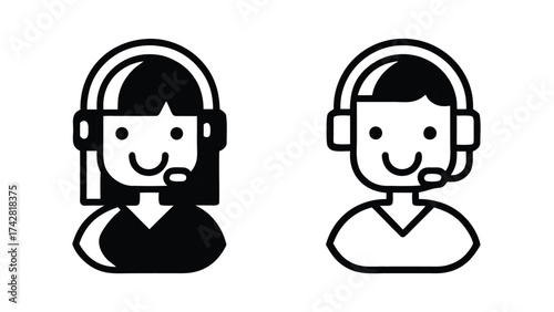 Two simple black icon characters wearing headsets are smiling side by side