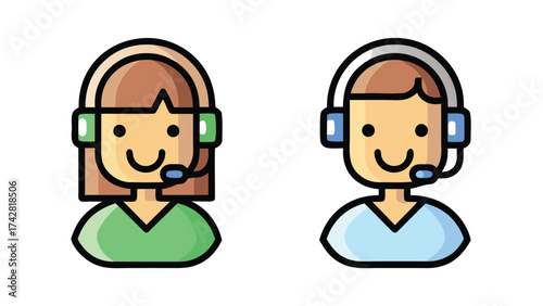 Two cartoon customer service agents smile wearing headsets against a clean white background