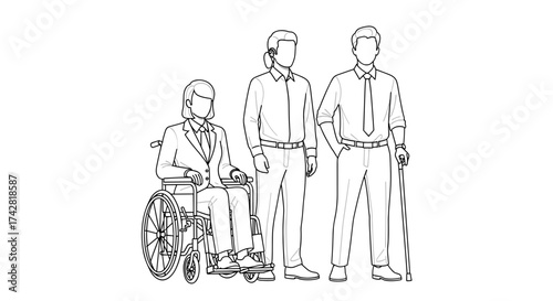 Inclusive workplace featuring diverse team members, disability inclusion, accessible business environment
