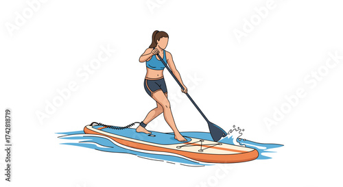 Enjoy active lifestyle with paddleboarding adventure, woman on water, summer fun, vector illustration