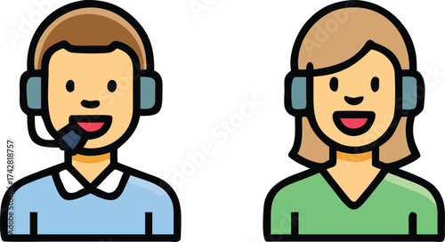 Male and female avatars wearing headsets represent customer support personnel with simple representation