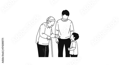 Heartwarming multigenerational family bonding together, grandma, father and son love in simple line art