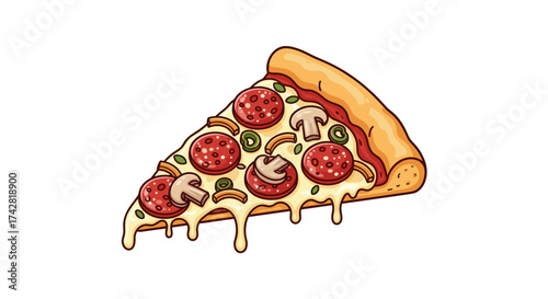 Delicious pepperoni pizza slice with mushrooms and peppers ready to eat for lunch or dinner