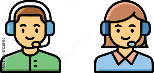 Smiling support team a man and a woman wear headsets for customer service