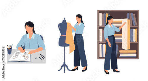 Creative fashion designer at work: Sketching, draping fabric, organizing in studio. Vector design