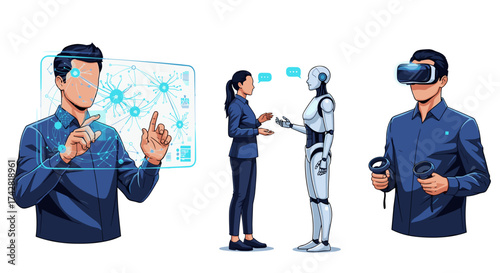 Modern technology showcasing augmented reality, artificial intelligence, and human interaction