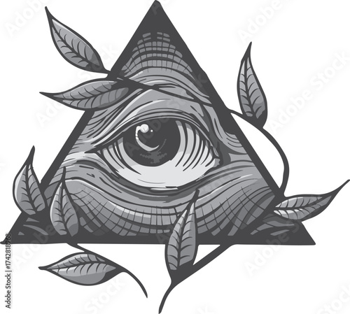 All-Seeing Eye in Triangle with Green Leaves – Mystical Symbol and Nature Fusion
