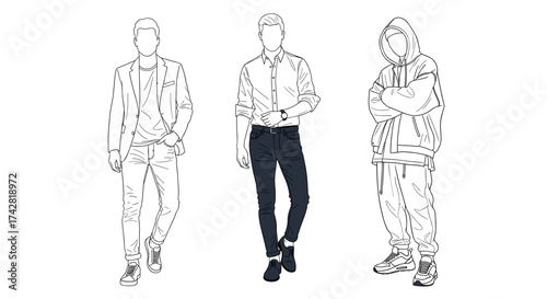 Stylish men's fashion line art illustrations showcase modern casual outfits for diverse style guides