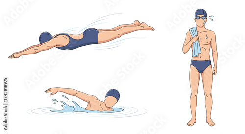 Swimmers training hard with determination practicing different strokes in the pool for competition