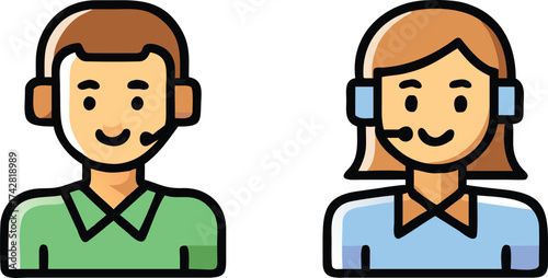 Smiling man and woman with headset microphones appear ready to provide customer support