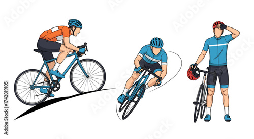 Dynamic cyclist vector art showcasing diverse riding positions for sports advertising materials