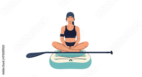 Serene woman meditating on paddle board, enjoying peaceful water sport activity for wellness