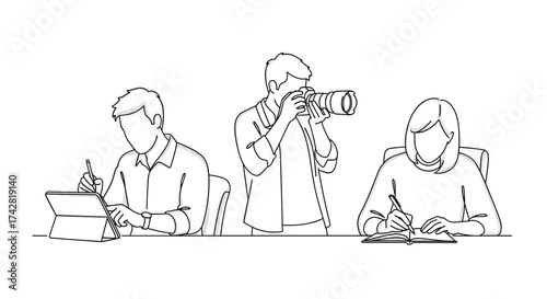 Dynamic team brainstorming ideas, capturing moments with professional camera, collaborative work