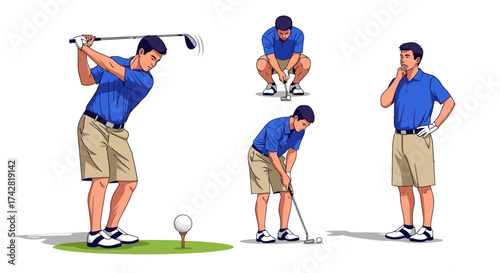 Golf player's posture and swing movements, focus and strategy for the perfect shot on the green