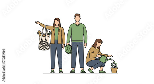 Sustainable living family growing plants with reusable shopping bags, eco friendly lifestyle