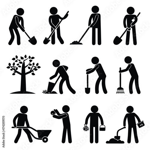 Stick figures demonstrate various yard work tasks including digging and fertilizing a tree sapling