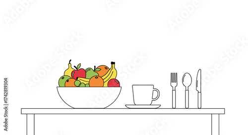 Fresh fruit bowl with coffee cup and cutlery, healthy eating and kitchen aesthetics still life